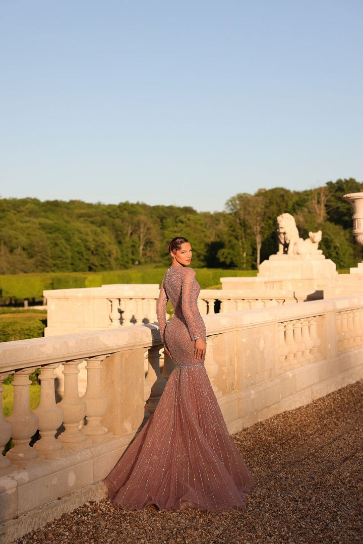 Chic & Holland HF110615 Crew Neckline Long Sleeves Fully Beaded Grid Mermaid Couture Dress