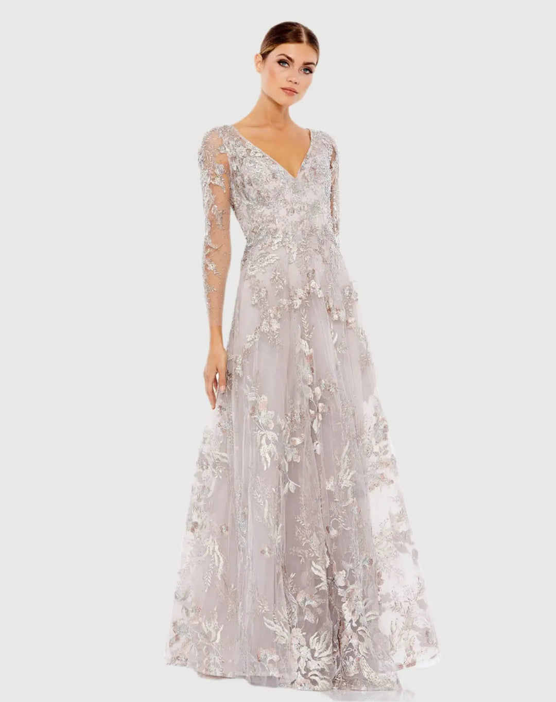 Mac Duggal 20245 Embroidered Illusion Long Sleeve A Line Gown