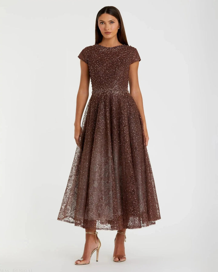 Mac Duggal 20371 Brown Embellished Cap Sleeve A Line Dress