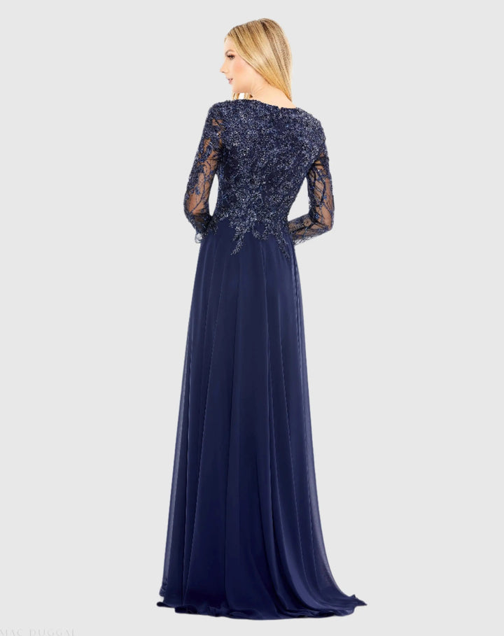 Mac Duggal 20388 Navy Embellished Illusion V Neck Long Sleeve Gown