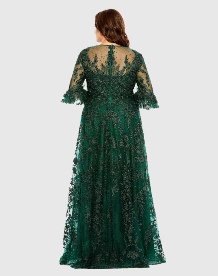 Mac Duggal 20471 High Neck Flutter Sleeve Embroidered A Line Gown