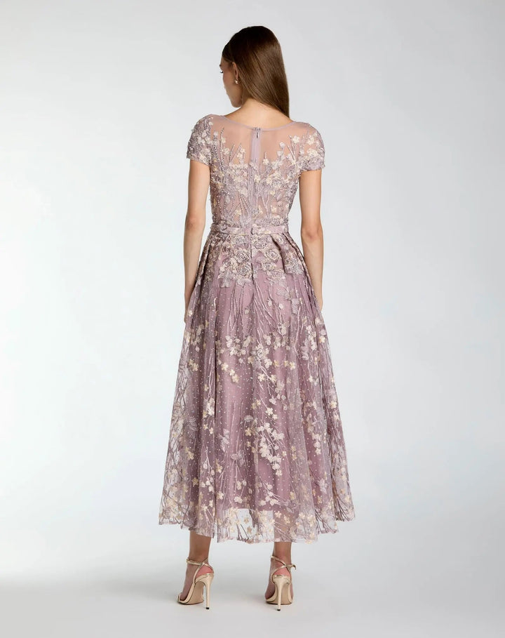 Mac Duggal 20502 Purple Embroidered Cap Sleeve High Neck Midi Dress
