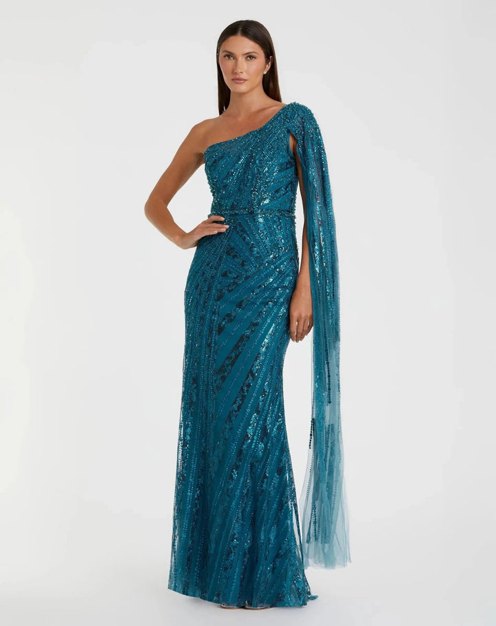Blue One Shoulder Cape Sleeve Embellished Gown - FOSTANI.com