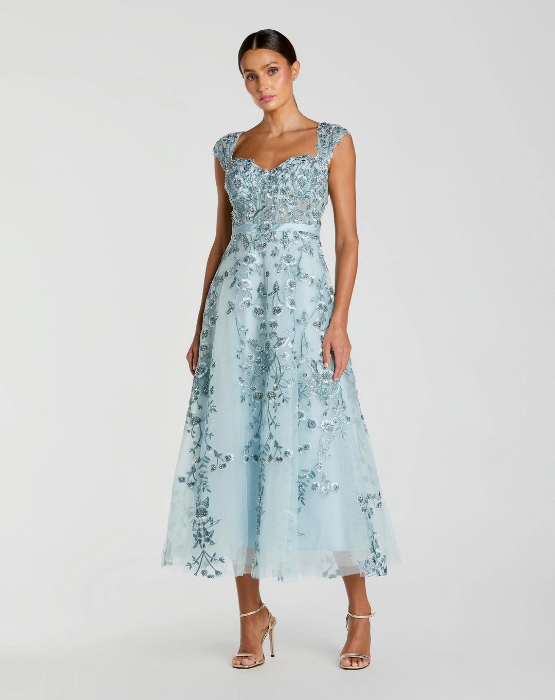Blue Floral Embroidered Sweetheart Neckline Midi Dress - FOSTANI.com