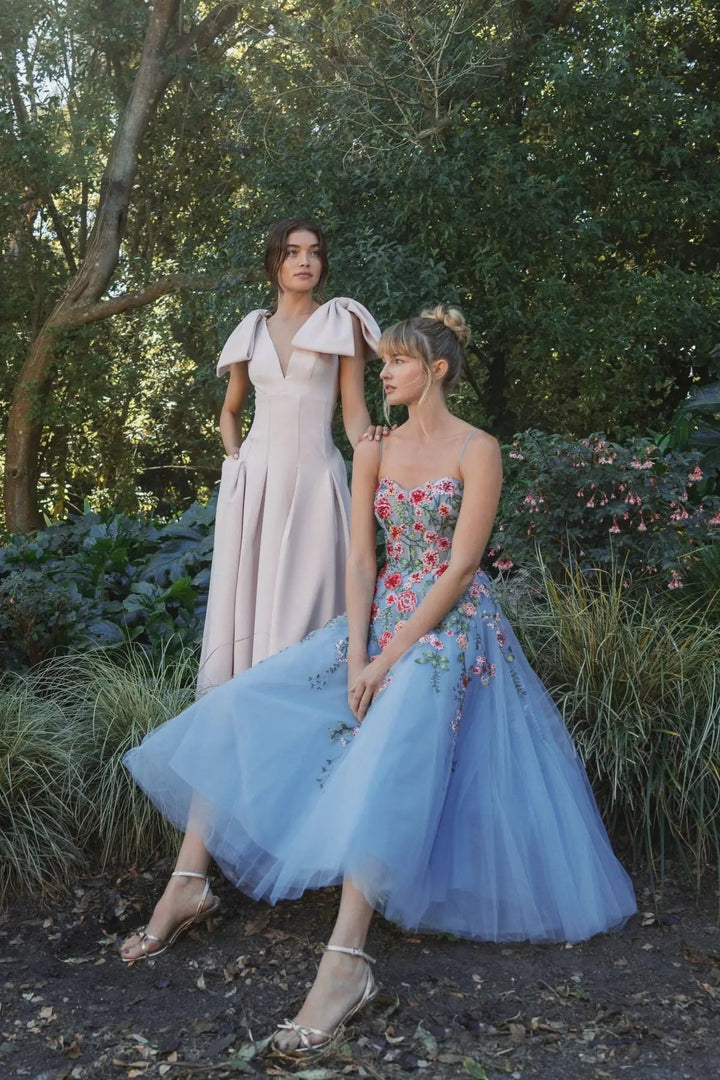 Pink Crepe A Line Midi Dress With Bow Straps - FOSTANI.com