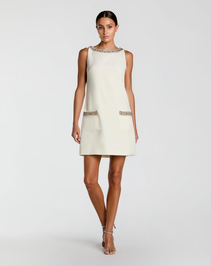 Ivory Sleeveless Shift Mini Dress with Rhinestone Trim - FOSTANI.com