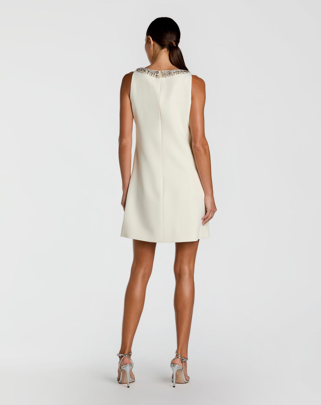 Ivory Sleeveless Shift Mini Dress with Rhinestone Trim - FOSTANI.com
