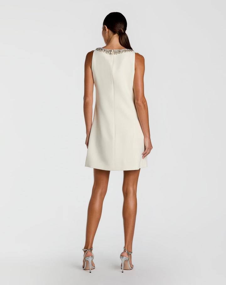 Ivory Sleeveless Shift Mini Dress with Rhinestone Trim - FOSTANI.com