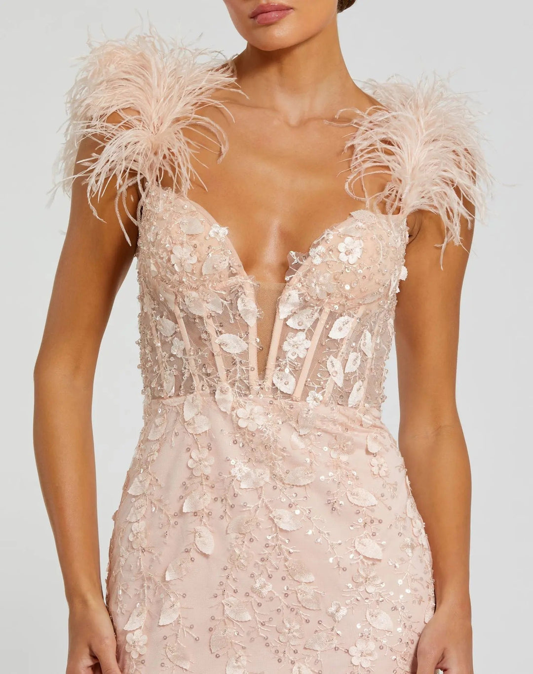 Mac Duggal 20889 Sheer Applique Bustier Gown with Feather Straps