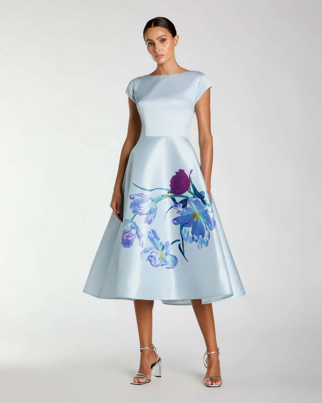 Blue Satin Cap Sleeve Midi Dress With Floral Print - FOSTANI.com