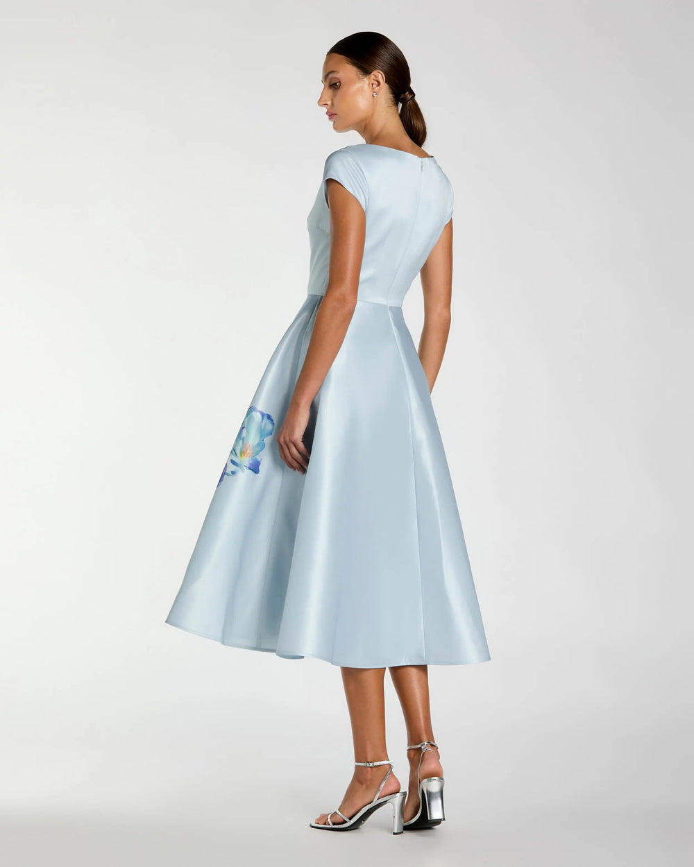 Blue Satin Cap Sleeve Midi Dress With Floral Print - FOSTANI.com
