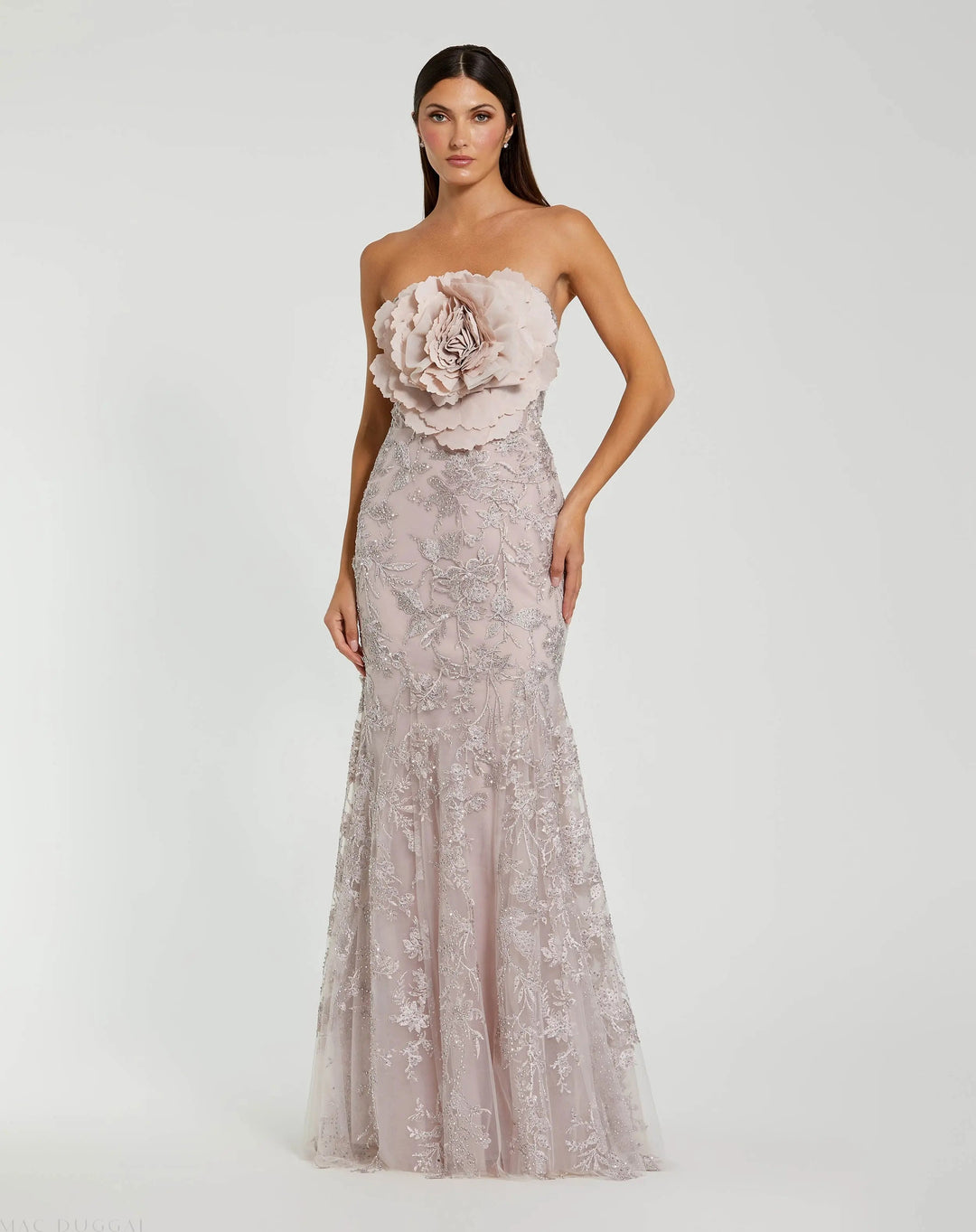 Mac Duggal IN Pink Strapless Lace Embellished Trumpet Gown With 3D Flower
