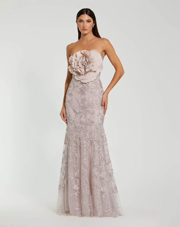 Mac Duggal IN Pink Strapless Lace Embellished Trumpet Gown With 3D Flower