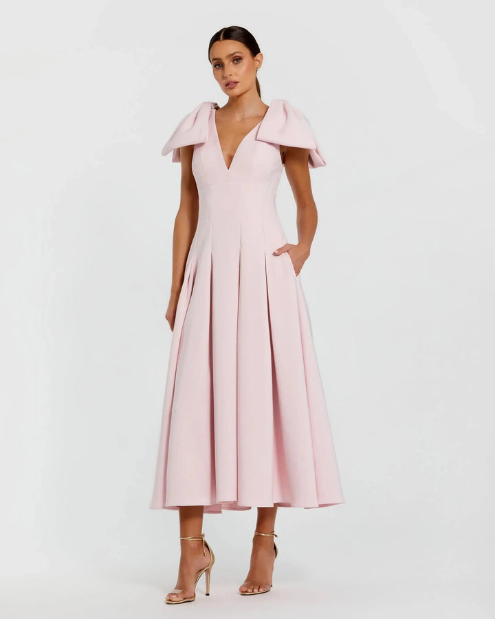 Pink Crepe A Line Midi Dress With Bow Straps - FOSTANI.com