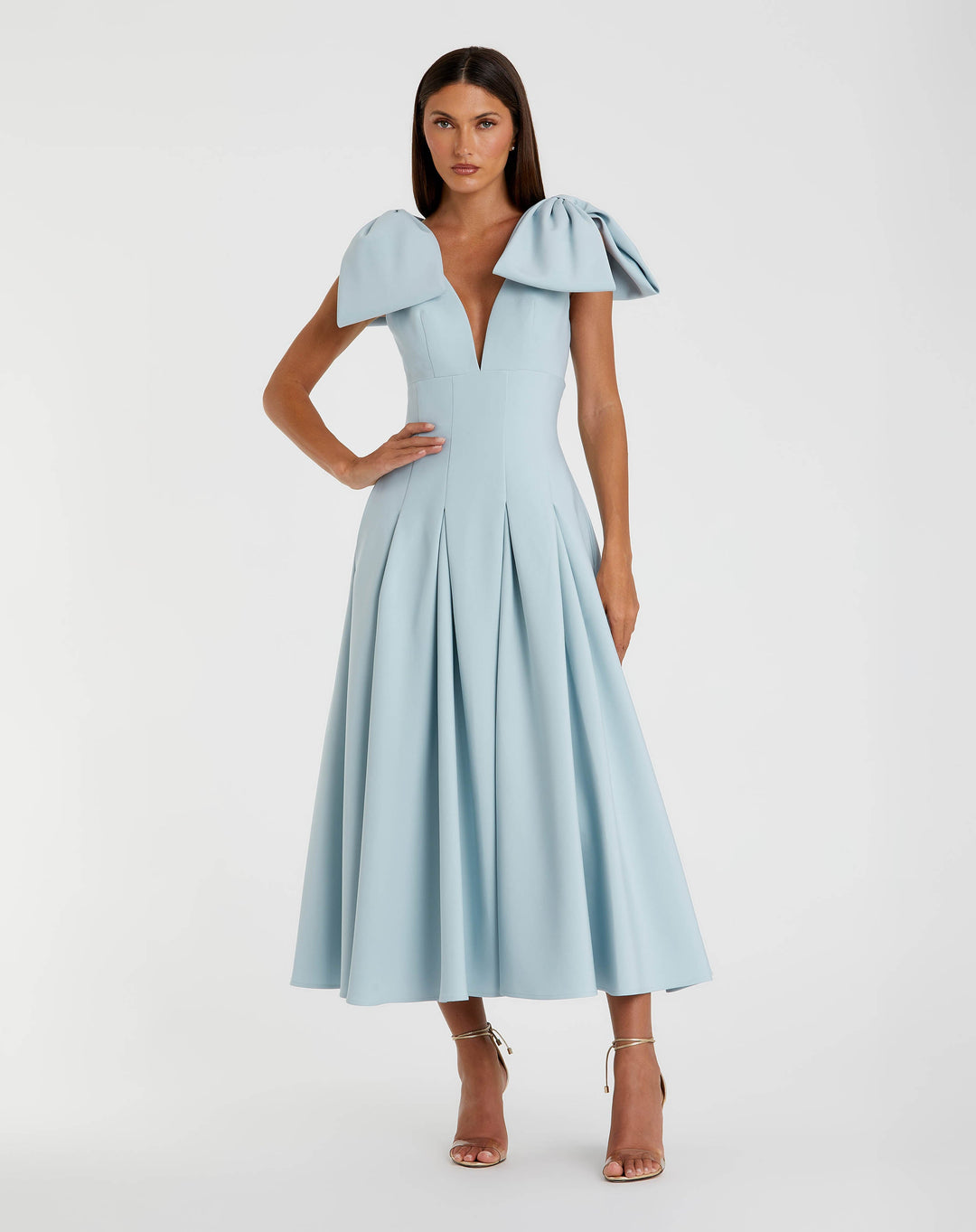 Blue Crepe A Line Midi Dress With Bow Straps - FOSTANI.com