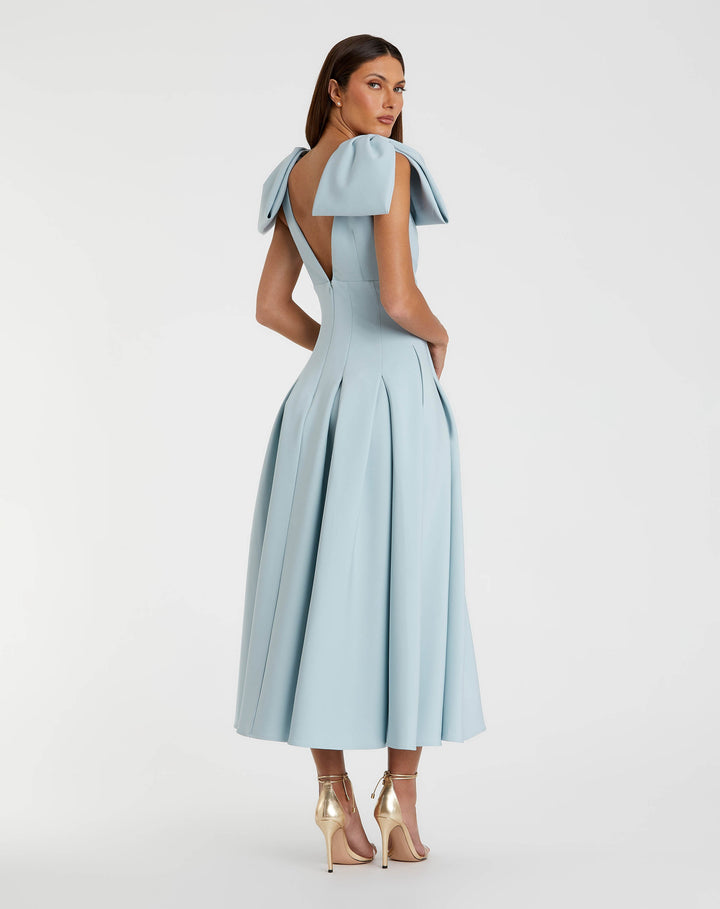 Blue Crepe A Line Midi Dress With Bow Straps - FOSTANI.com