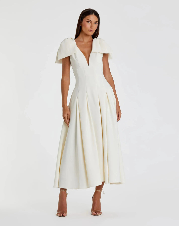 Ivory Crepe A Line Midi Dress With Bow Straps - FOSTANI.com