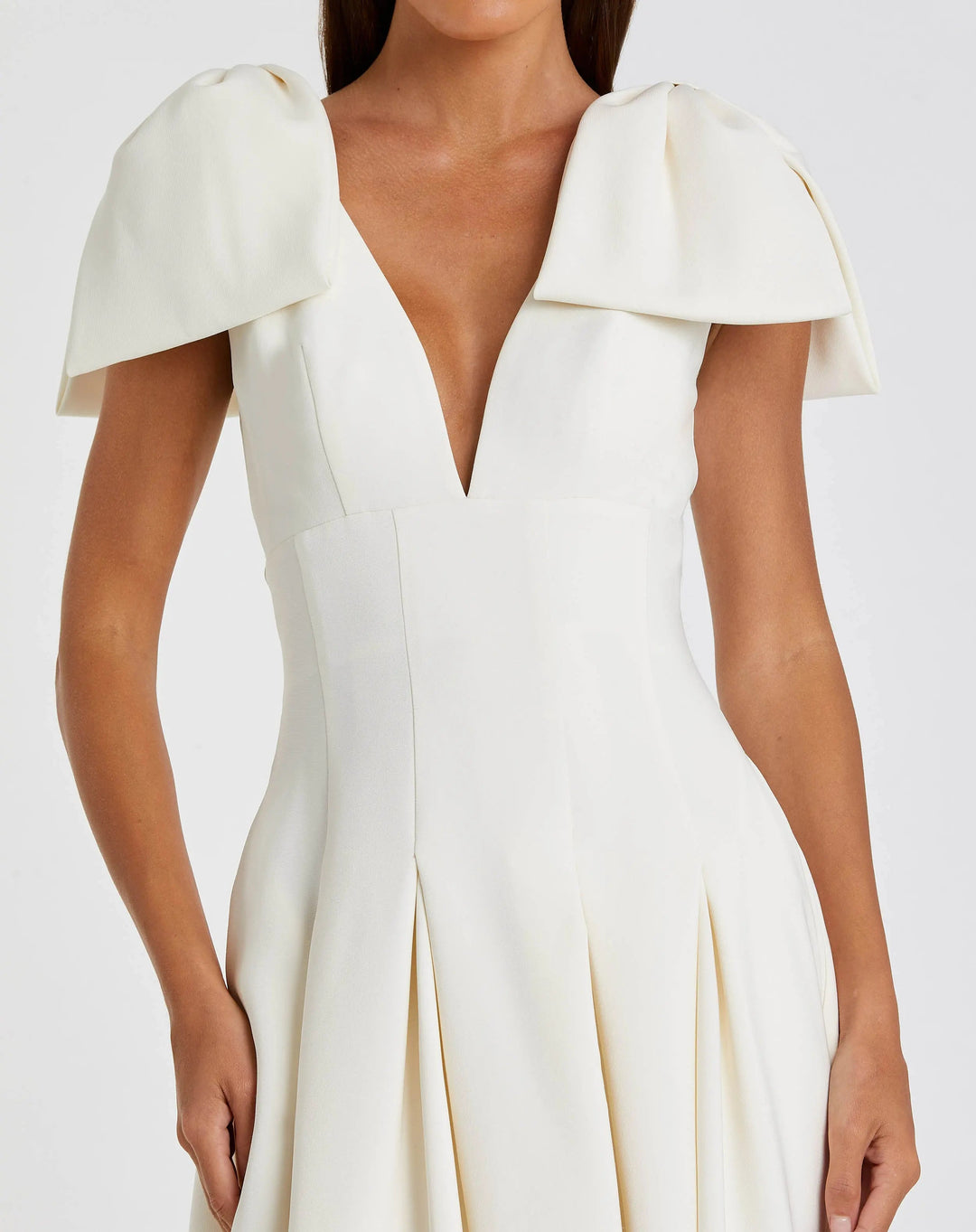 Ivory Crepe A Line Midi Dress With Bow Straps - FOSTANI.com