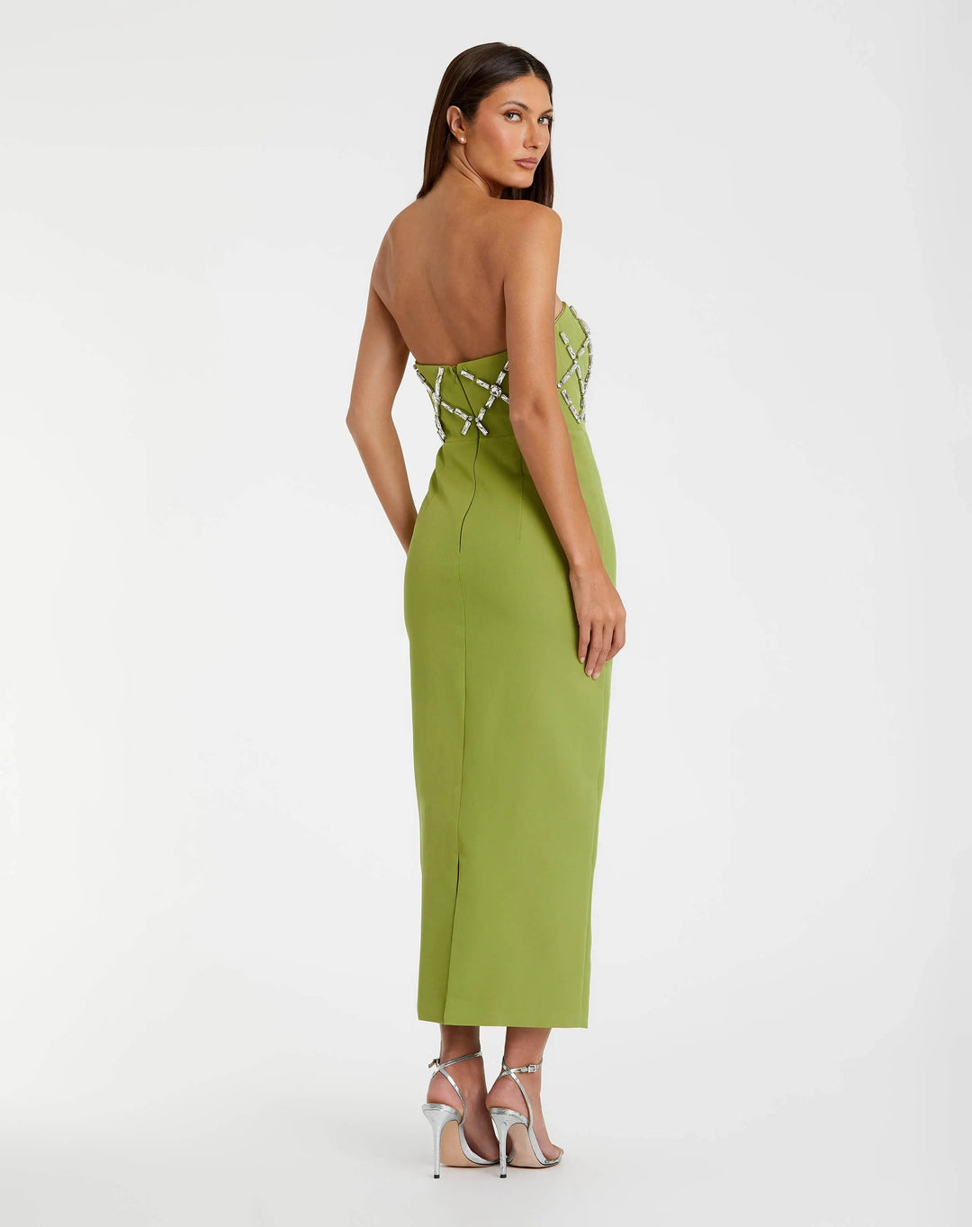 Green Strapless Crystal Embellished Midi Dress - FOSTANI.com