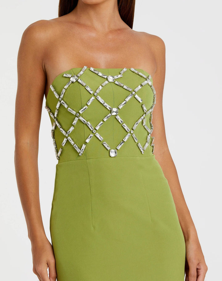 Green Strapless Crystal Embellished Midi Dress - FOSTANI.com