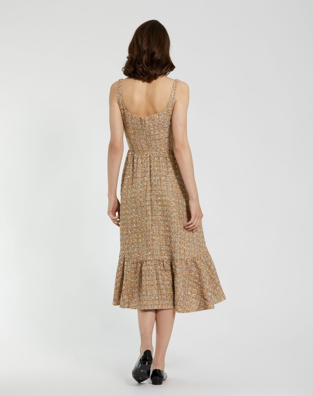 Mac Duggal 21071 Beige Boucle Sleeveless A-Line Midi Dress