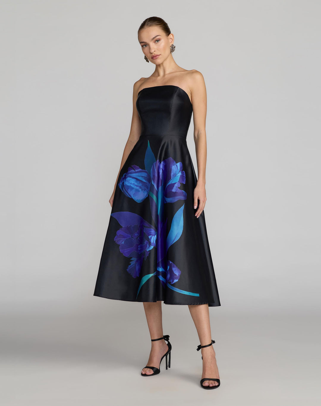 Mac Duggal 21075 Strapless Satin Midi Dress With Flower Print Dress