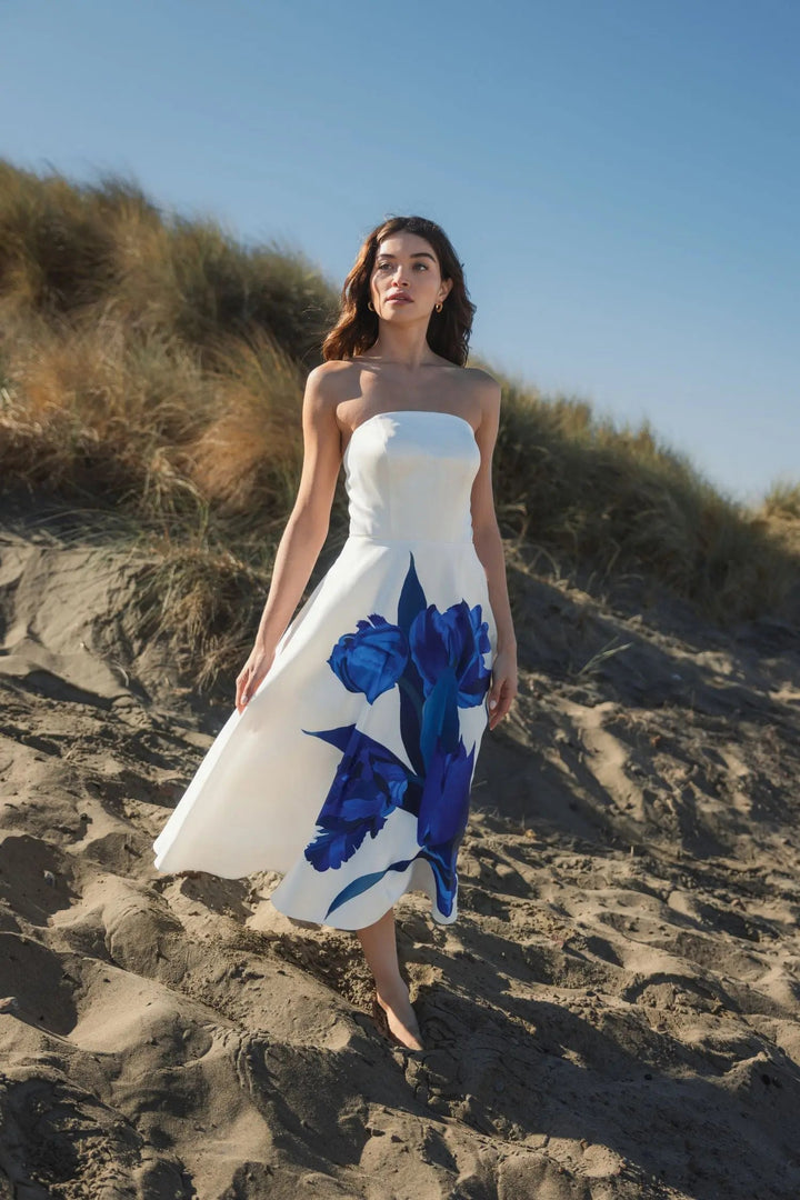 White Strapless Satin Midi Dress With Flower Print - FOSTANI.com