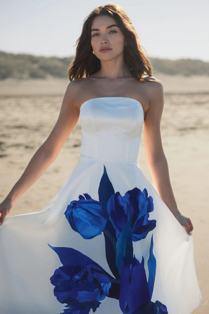 White Strapless Satin Midi Dress With Flower Print - FOSTANI.com