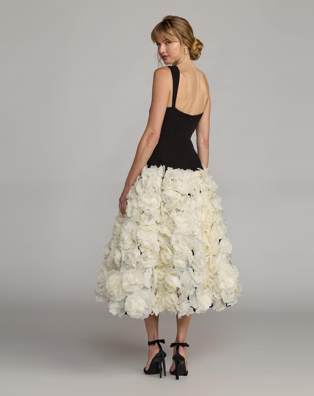 Black Sleeveless A-Line Midi Dress With 3D Floral Skirt - FOSTANI.com