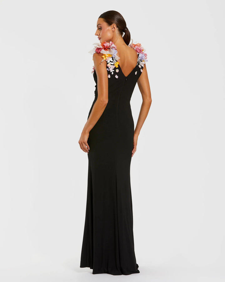 Mac Duggal 21084 Black Jersey V-Neck Gown With 3D Flowers - FOSTANI.com