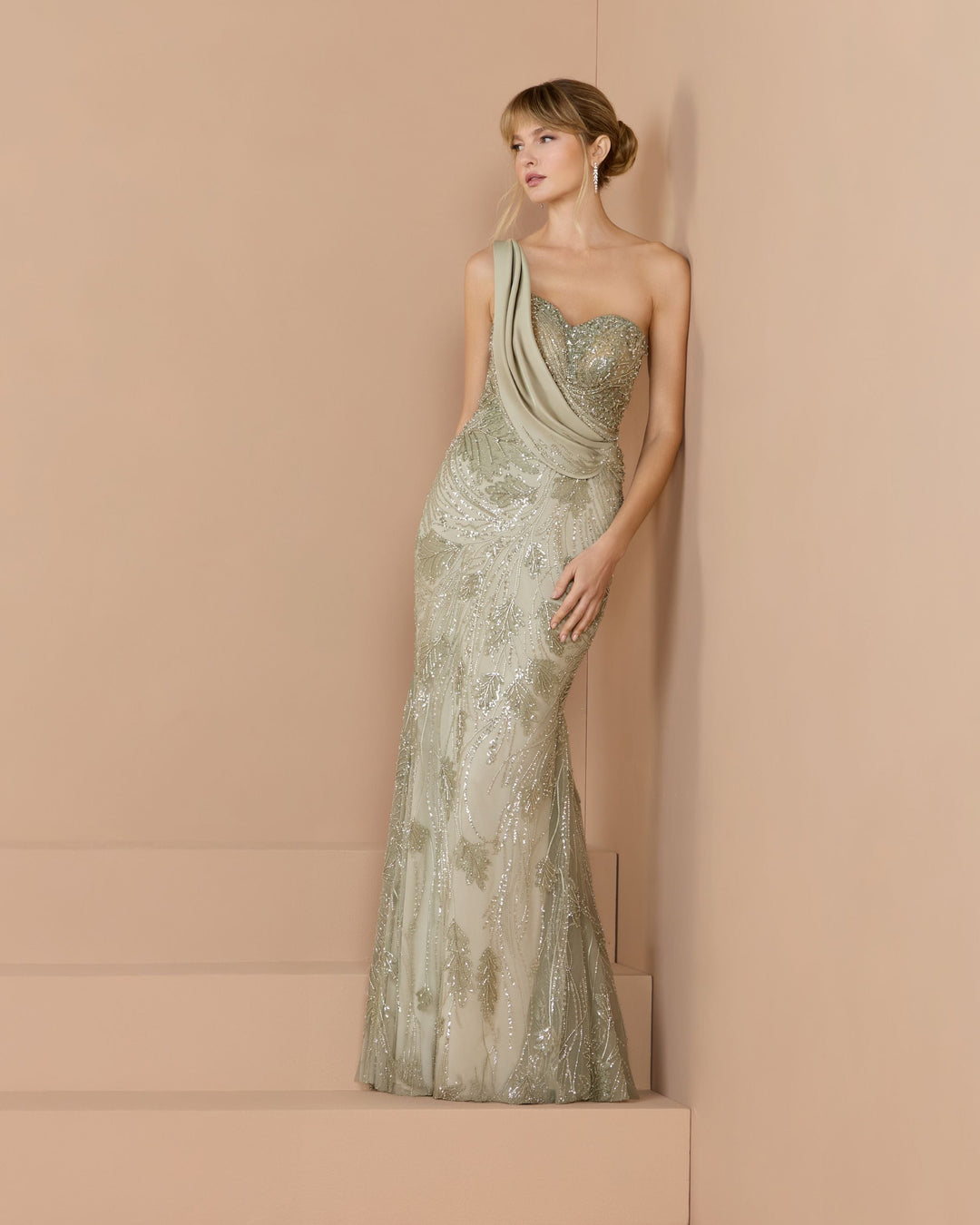 Mac Duggal 21089 Beaded One Shoulder Draped Mermaid Gown