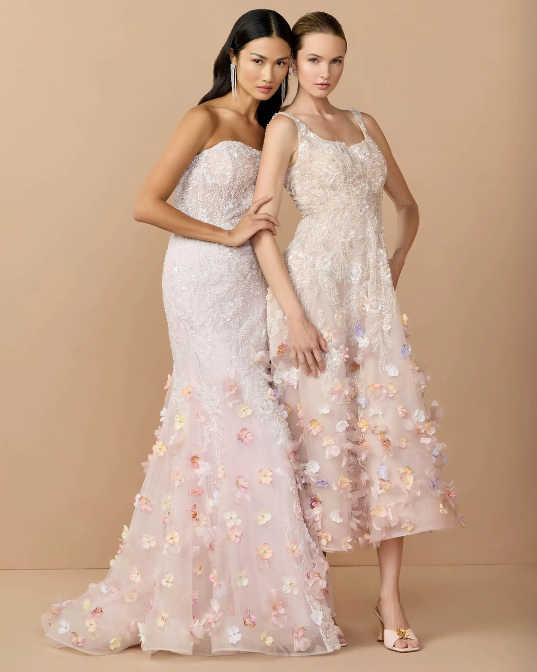 Pink Strapless Embellished Mermaid Gown With 3D Floral Hem - FOSTANI.com