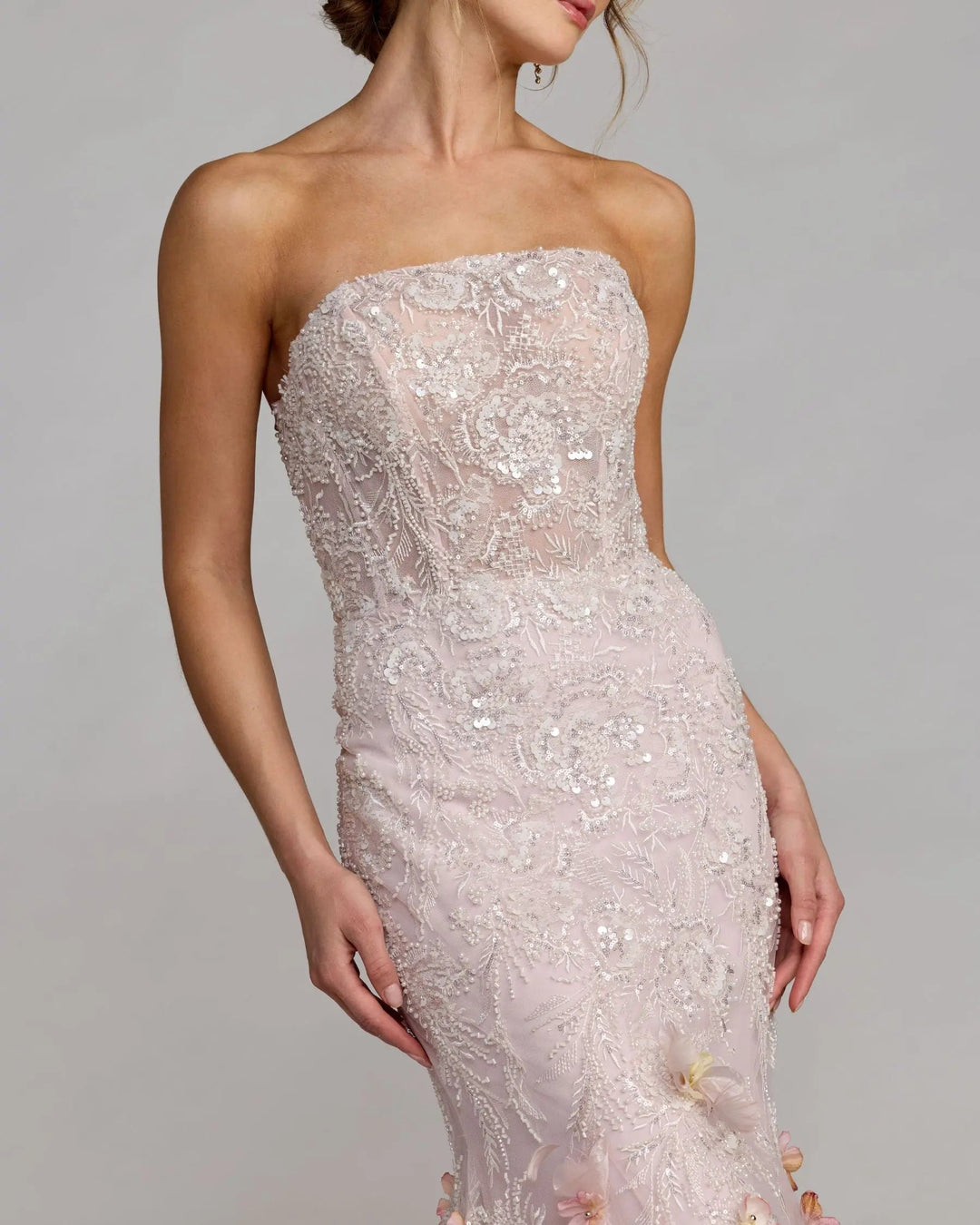 Pink Strapless Embellished Mermaid Gown With 3D Floral Hem - FOSTANI.com