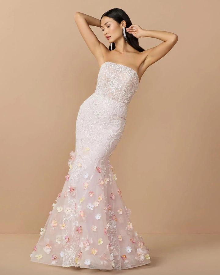 Pink Strapless Embellished Mermaid Gown With 3D Floral Hem - FOSTANI.com