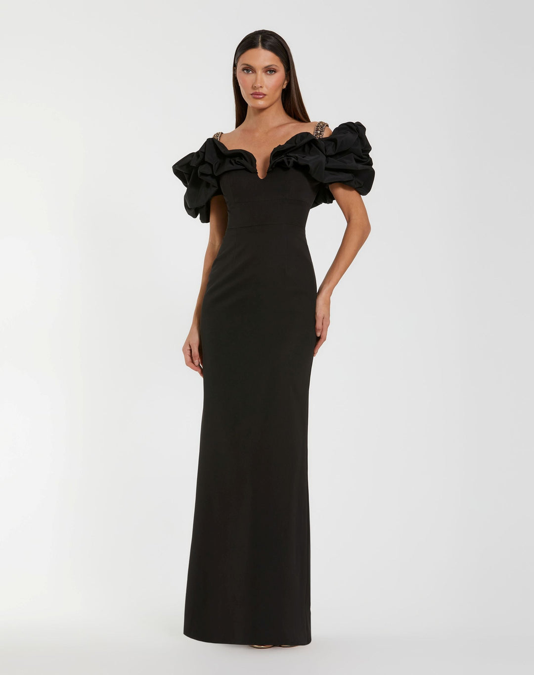 Mac Duggal 21205 Ruffle Off The Shoulder Crepe Column Gown