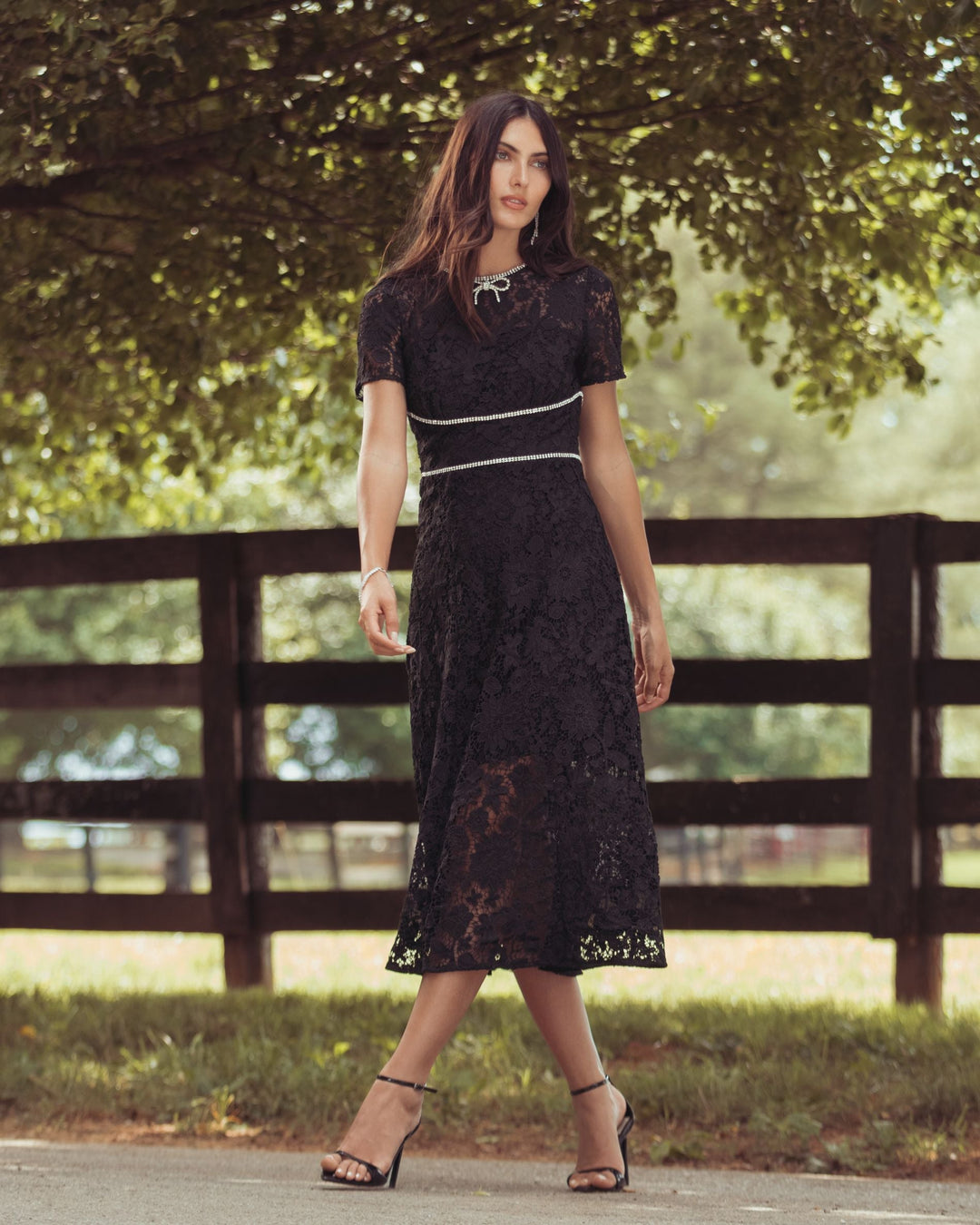 Mac Duggal 21208 Short Sleeve Lace Midi Dress With Rhinestone Trim