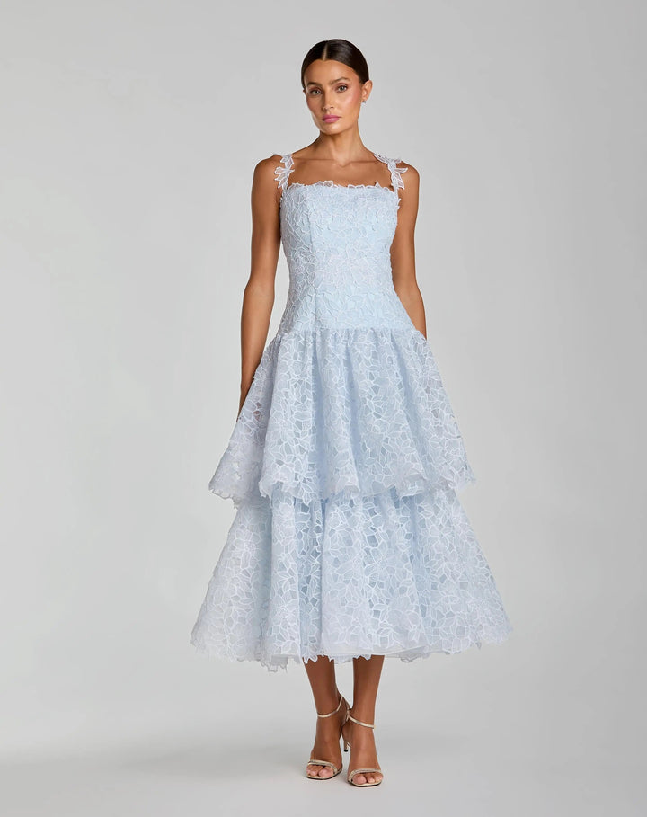 Blue Sleeveless Embroidered Lace Tiered Midi Dress - FOSTANI.com