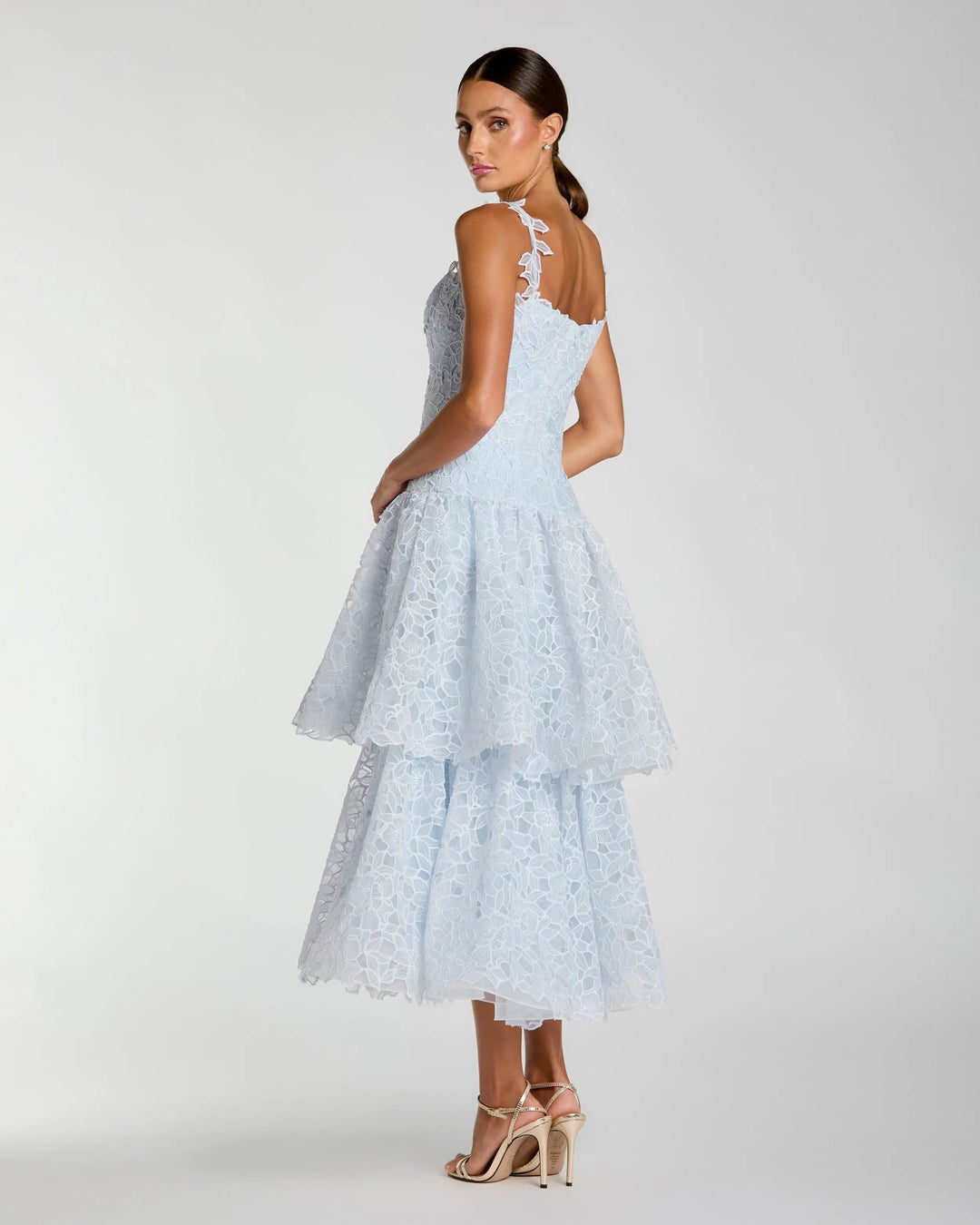 Blue Sleeveless Embroidered Lace Tiered Midi Dress - FOSTANI.com