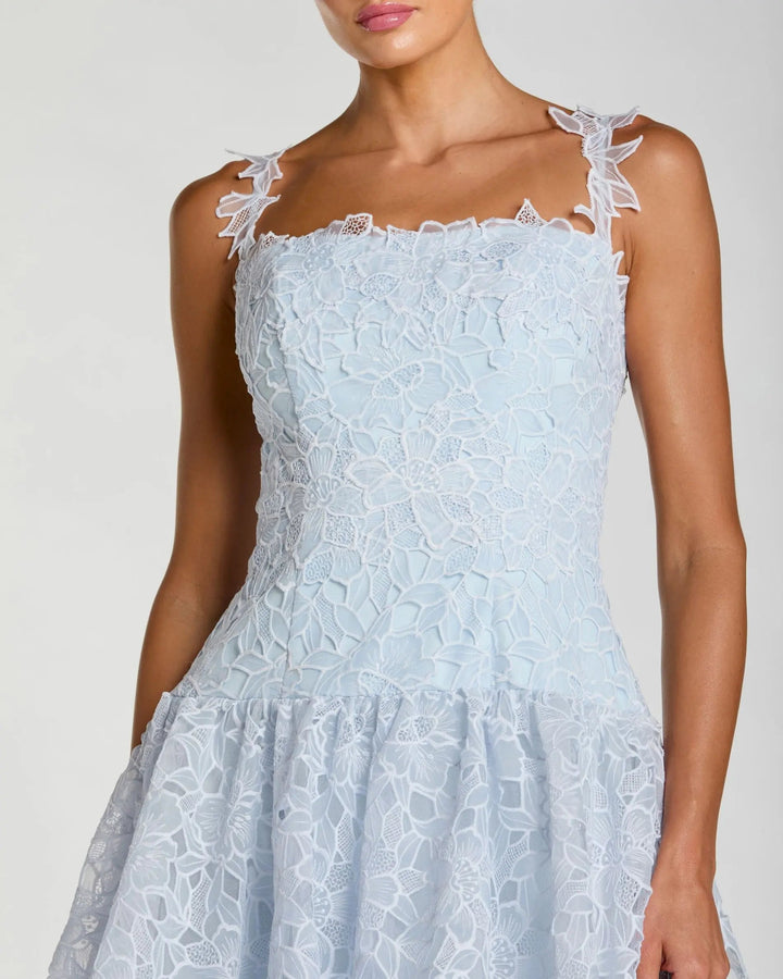 Blue Sleeveless Embroidered Lace Tiered Midi Dress - FOSTANI.com