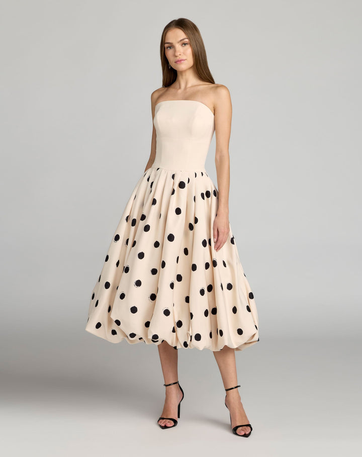 Beige Strapless Polka Dot Bubble Skirt Midi Dress - FOSTANI.com