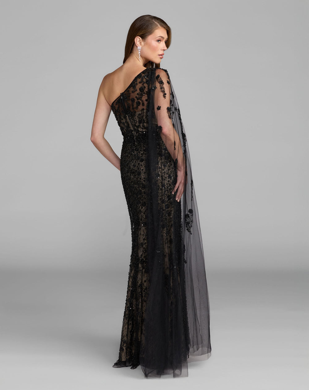 Mac Duggal 21269 Embellished Lace One Shoulder Gown With Cape Sleeve