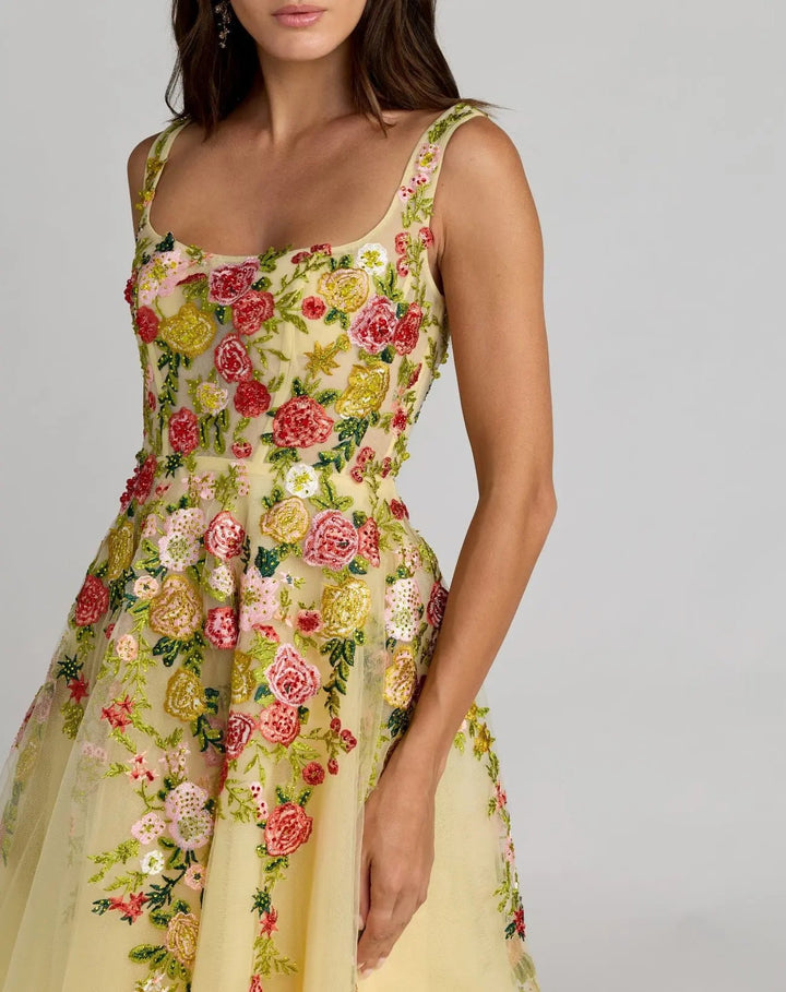 Yellow Embroidered Tulle A-Line Midi Dress - FOSTANI.com