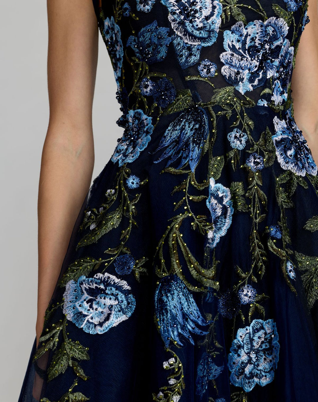 Mac Duggal 21295 Navy Square Neck Embroidered A-Line Midi Dress