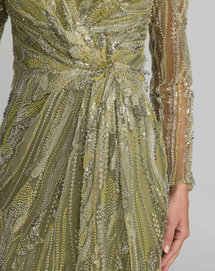 Mac Duggal 21306 Green Hand Embellished V-Neck Column Gown