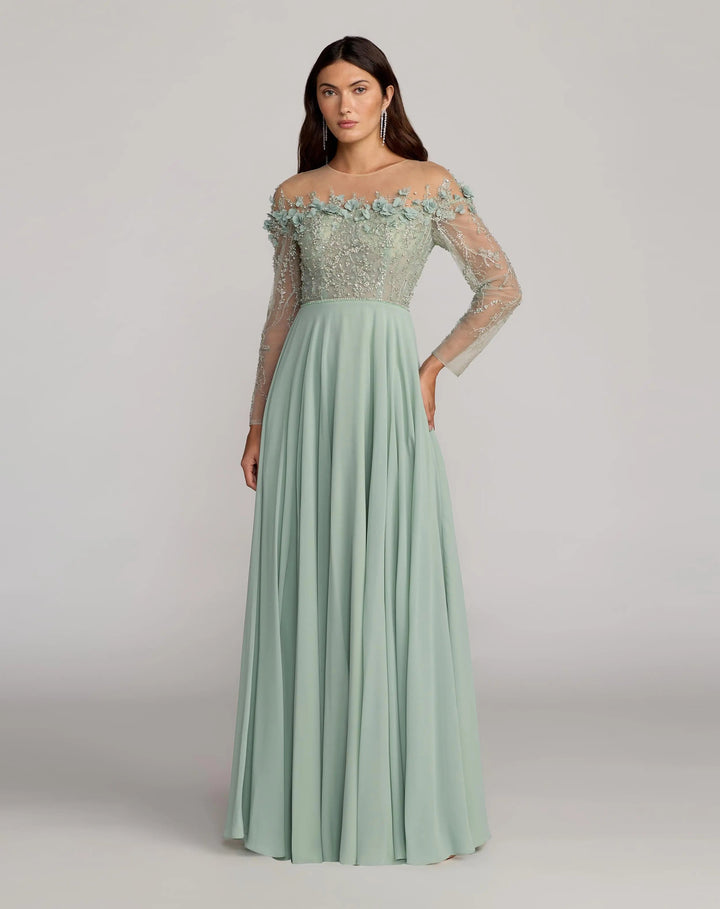 Mac Duggal 21315 Green Embellished Off the Shoulder Gown With 3D Flowers
