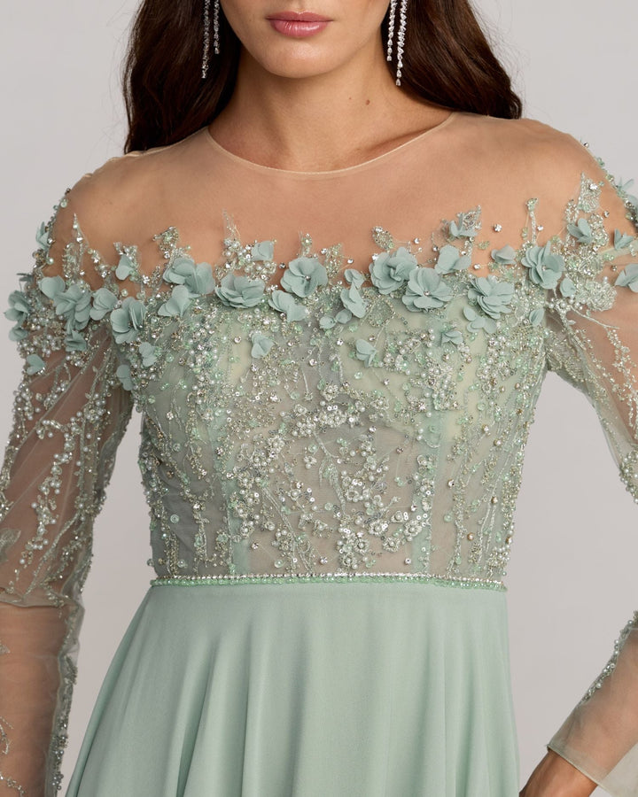 Mac Duggal 21315 Green Embellished Off the Shoulder Gown With 3D Flowers