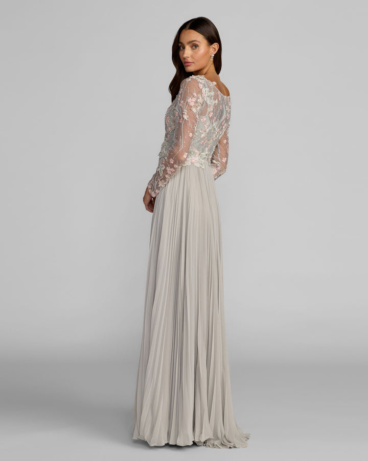 Mac Duggal 21332 Gray Long Sleeve Embroidered Chiffon A-Line Gown