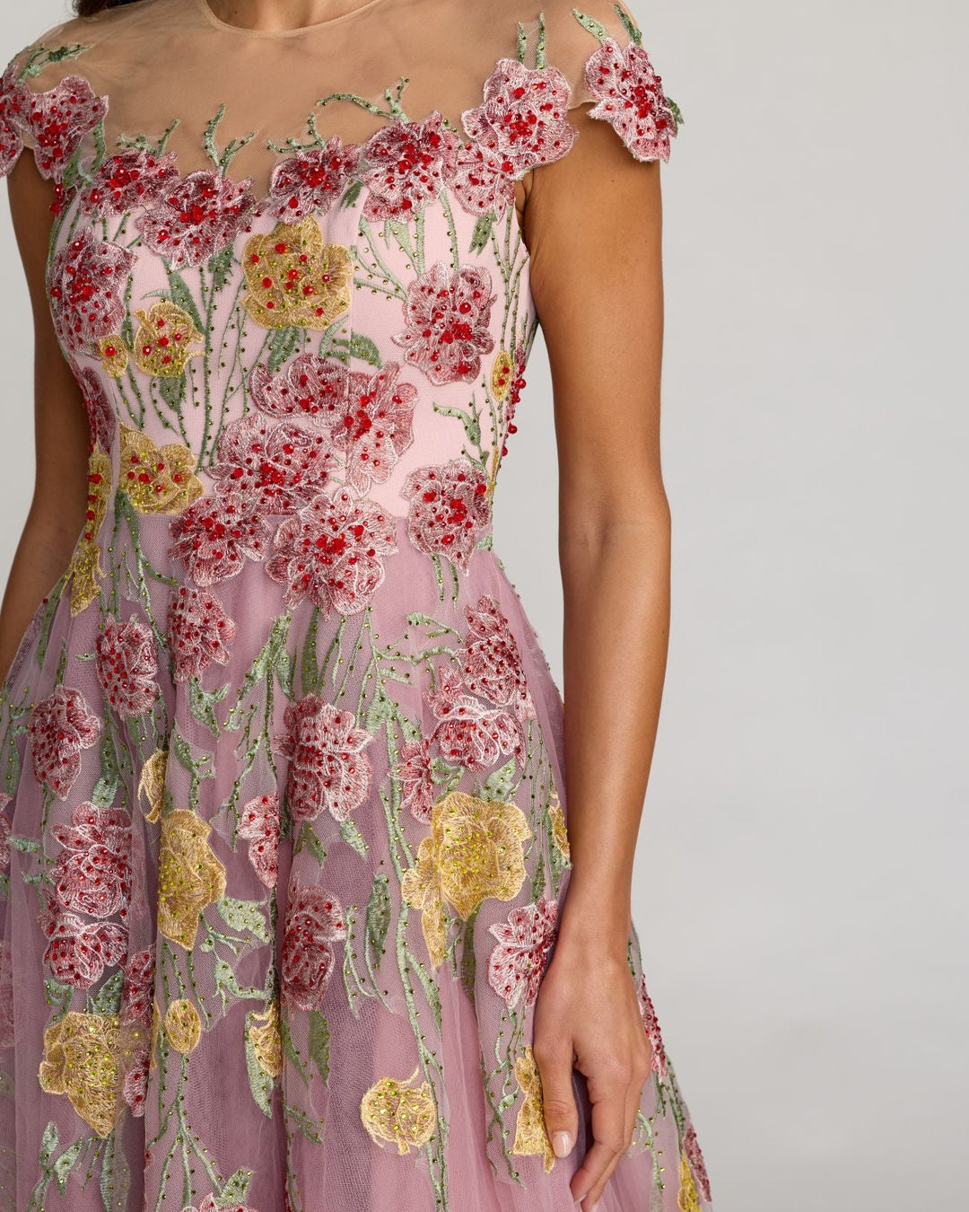 Mac Duggal 21357 Floral Embroidered Illusion Sweetheart Midi Dress