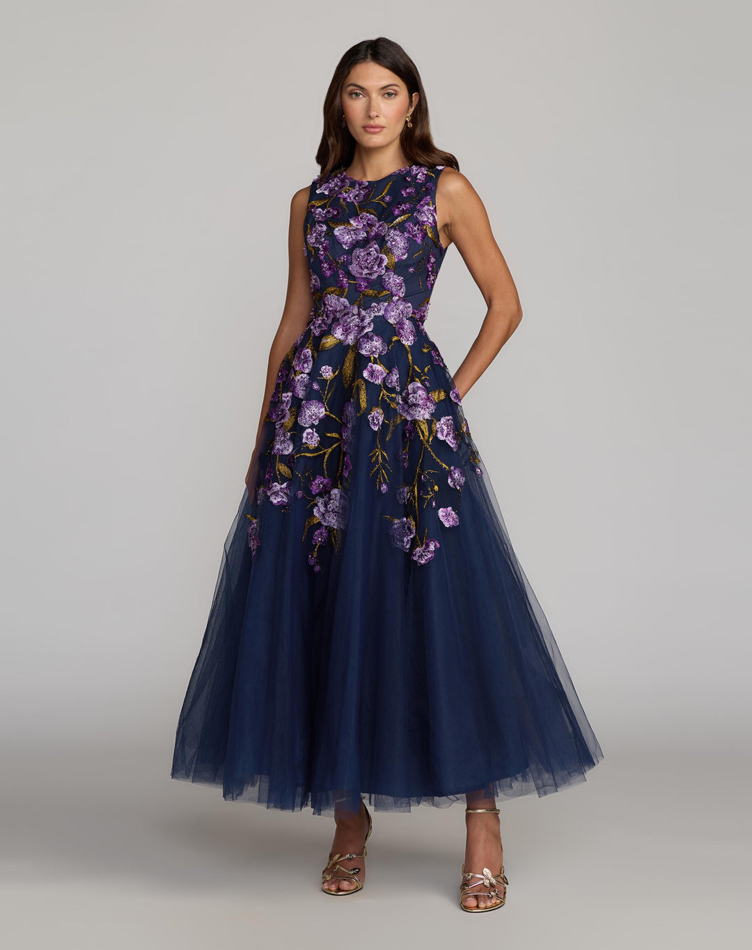 Mac Duggal 21358 Navy Embroidered Sleeveless A-Line Midi Dress