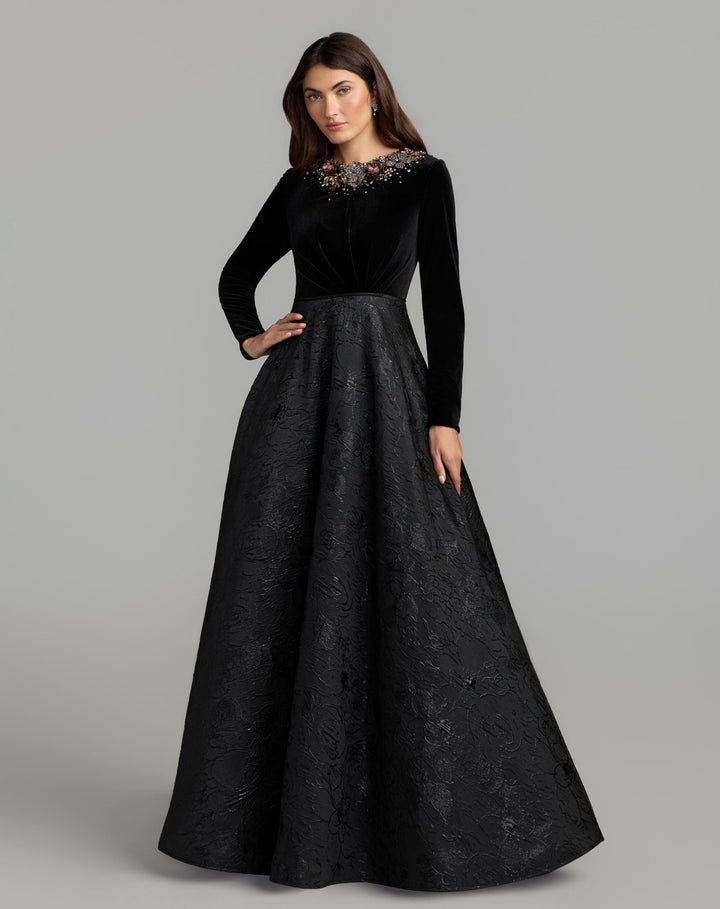 Mac Duggal 21525 Embellished Long Sleeve Brocade Ball Gown